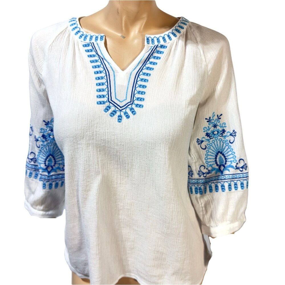 Talbots Women’s White Gauze Top Size S P Petite Embroidered 3/4 Sleeve Blouse